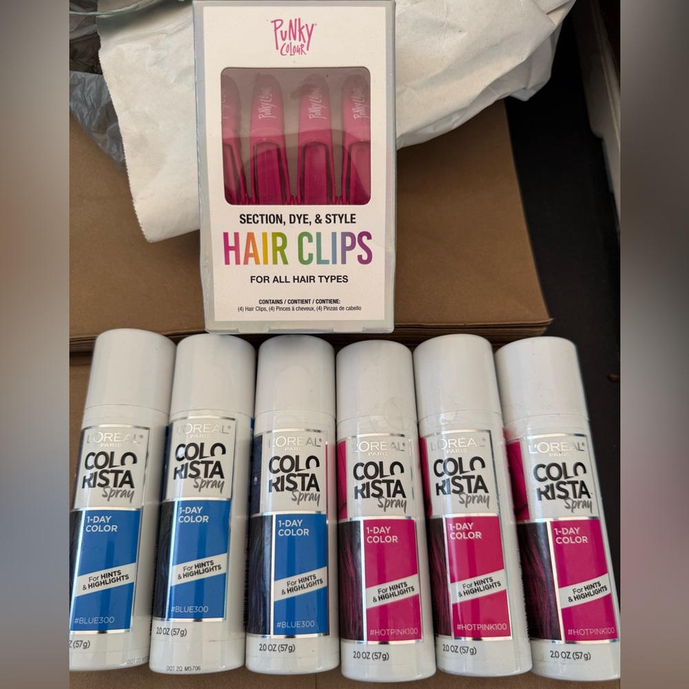 Bundle of 4 Loreal COLORISTA 1 Day Temporary Hair Color Spray in & 1 Hair Clips